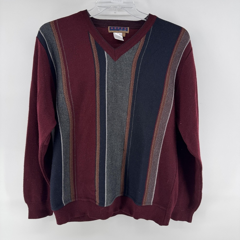 AEFFE Sweater Mens Large Red Striped V Neck Wool Blend Pullover Made Italy